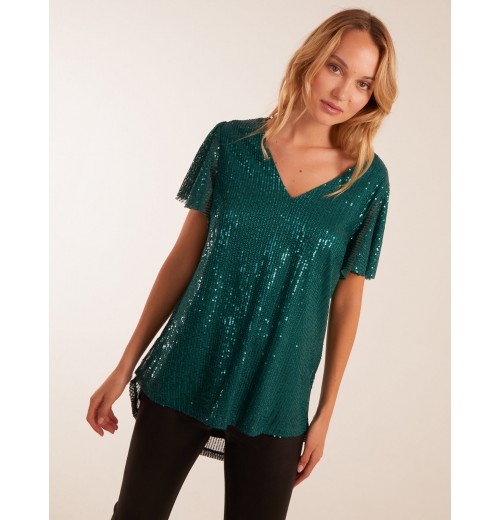 Angel Sleeve V Neck Sequin Top